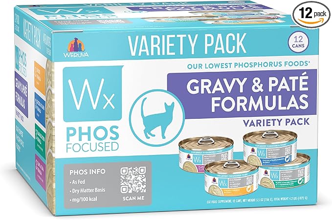Weruva Wx Phos Focused Gravy and Pate Formulas 5.5oz Can Variety Pack, Pack of 12