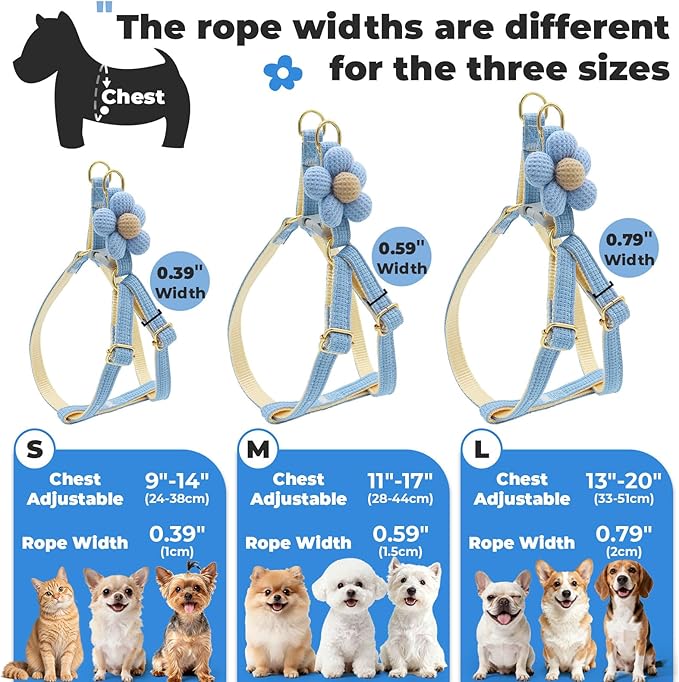 PETCARE Cute Cat Harness and Leash Set, Blue Flower Cat Walking Harness with Bow Tie Cats Leash, Easy Walk Lightweight Step in Cats Harnesses with Buckle (Chest Adjustable 9"-14", Rope Width 0.39")