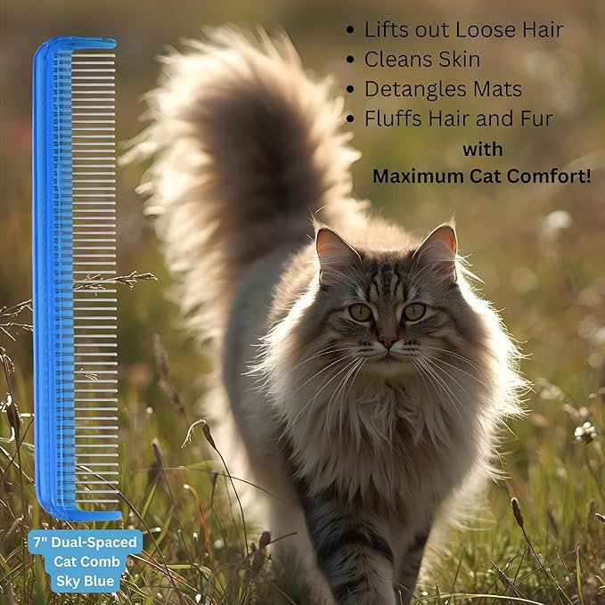 Cat Comb - 7" Dual-Spaced Rotating Teeth Comb, Blue - Stimulates Natural Oil Production, Prevents Static Build Up, Made in USA, Vet Recommended, Hand Assembled