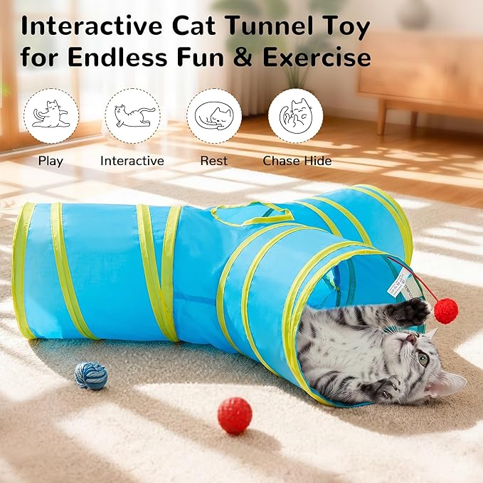Tempcore Cat Tunnel for Indoor Cats, 3-Way Collapsible Play Tunnel with Teaser Wand, Peek Holes & Toy Ball, Small Pet Toy for Kittens & Rabbits, Blue & Yellow