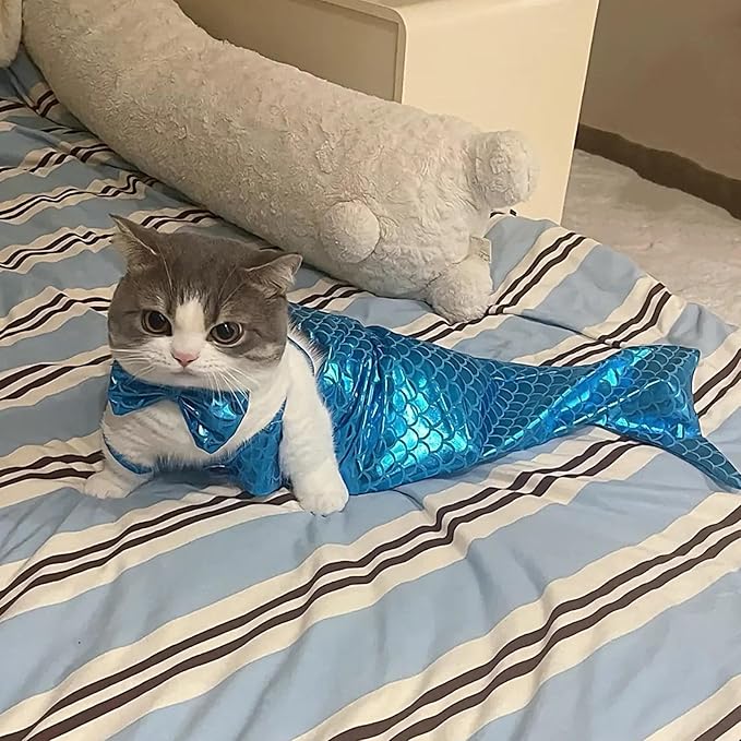 Generic cat Mermaid Costume, Mermaid Tail for Cats, Mermaid Tail Clothes Sequin Mermaid Dress, Comfortable & Soft Dog Outfit, Funny Pet Costumes for Cat and Dog, Blue