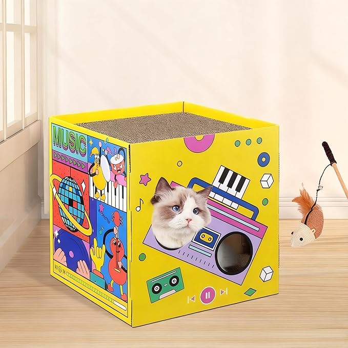 Cardboard Cat House,Scrathing Bed for Cats,Eco-Friendly Pet Furniture,Modern Cat Bed,Hiding Box (Yellow, Large)