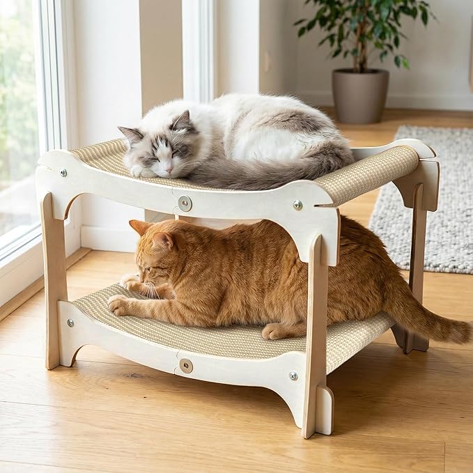 Two-Layer Sisal Cat Scratcher Bed - Large Scratching Board with Lounger Cat Scratch Pad, Sturdy Wooden Scratching Post for Indoor Kittens&Adult Cats, Easy Assemble Elevated Cats Bed Furniture