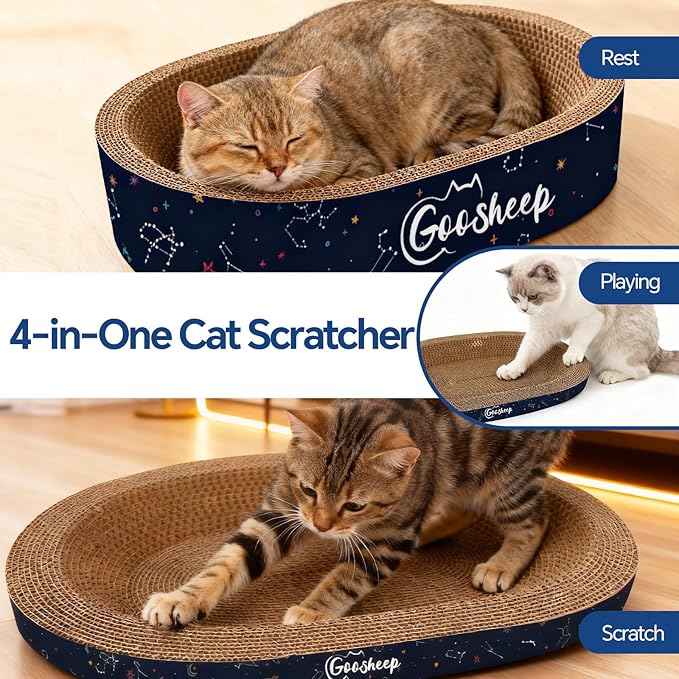 Goosheep 4-in-1 Cat Scratcher and Bed, 2 Scratching Pads & 2 Oval Loungers for Indoor Cats, Multi-Cat Household Cardboard Scratcher Furniture with Cat Bed Design to Save Your Couch