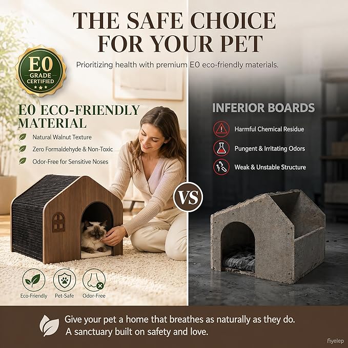 Modern Wooden Cat House Indoor – E0 Grade Enclosed Cat Cave Bed with Washable Cushion, Eco-Friendly Non-Toxic Pet Furniture for Kittens & Medium Cats