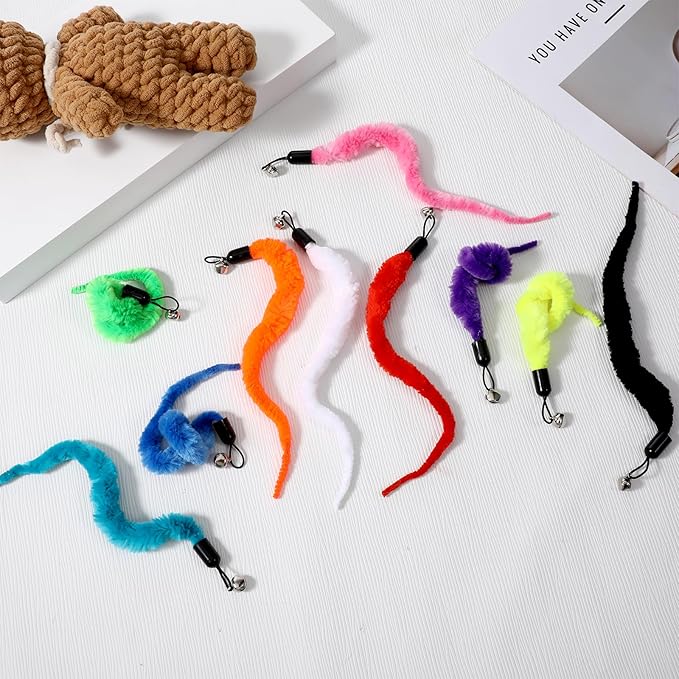 10 Packs Cat Worm Toys, Fuzzy Worm Cat Toy, Interactive Cats Wand Attachment Toys for Teaser Play and Chase Exercise with Kitten