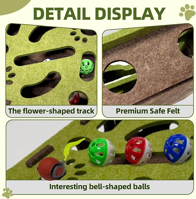 Interactive Soft Felt Cat Puzzle Toy with Ball and Bell，Cat Toy Box for Indoor Cats and Kittens，Indoor Hunting Play Toy to Stimulate Your Cat’s Energy and Instincts (Green+Orange Power Ball)