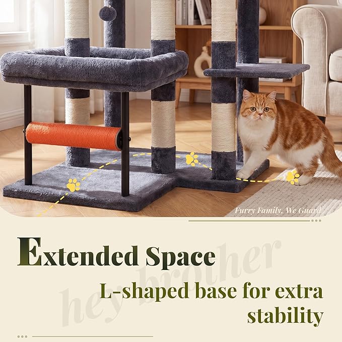 Hey-brother Cat Tree, 68.5 inch Cat Tower with L-Shaped Extended Base, Multi-Level Plush Furniture with 2 Spacious Candos, 2 Platforms, 11 Scratching Posts, Hammock and Toy Ball, Smoky Gray MPJ086G