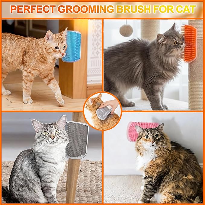 4 Pcs Cat Corner Brush, and Cat Self Grooming Brush with Mint, Corner for Cats to Scratch and Groom, Pet Wall Mounted for Stress Relief and Fur Care