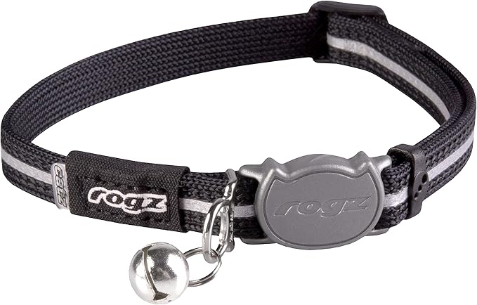 Rogz Reflective Nylon Cat Collar with Breakaway Clip and Removable Bell, fully adjustable to fit most breeds, Black