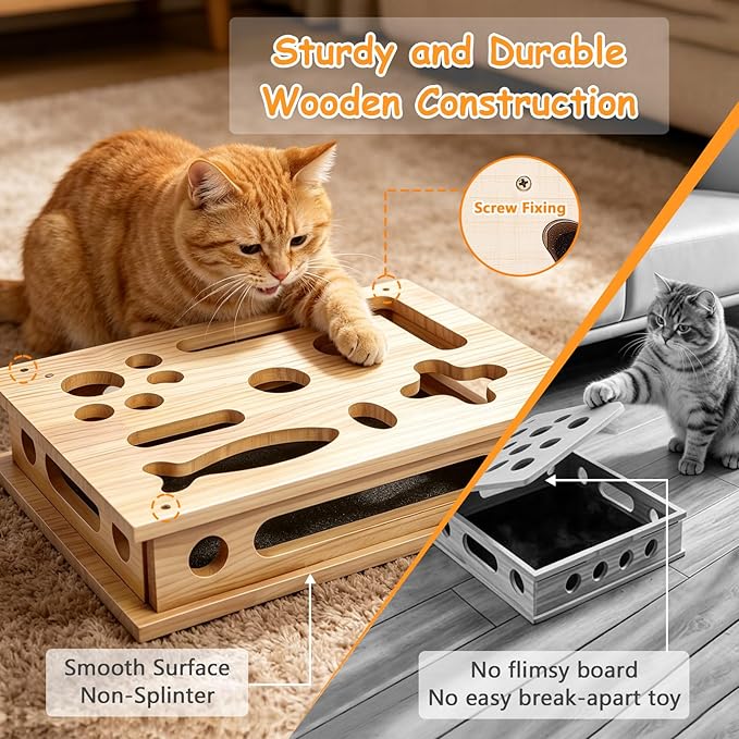 Cat Scratch Puzzle Enrichment Box, Cat Nail File Scratcher Toy Box with Sandpaper Inside, Help Reduce Stress for Trimming Nails, Wooden Claw Care Saver Box for Indoor Cats of All Breeds & Ages
