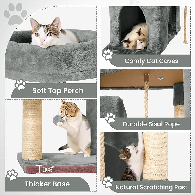 58.5inch Large Cat Tree Tower Condo for Indoor Cats, Soft Plush Multi-Level Climbing Tree Cat House with Cat Cave, Scratching Post, More Entrance/Exit, Sisal Rope, Grey