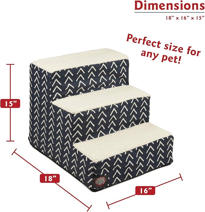 Majestic Pet 3 Step Portable Dog Stairs for Small Dogs to get on Bed Supports 25 lbs or Less – Dog Steps for High Bed with Machine Washable Cover – Pet Stairs for Cats Boho Arrow Navy Blue