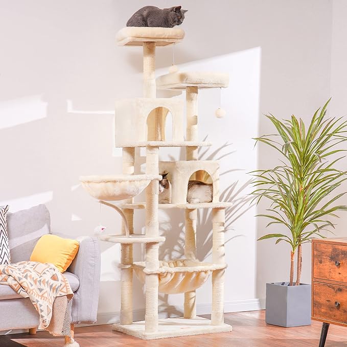 Heybly Cat Tree, 70 inches Tall Cat Tower Condo with Toy for Indoor Large Cats, Cat House Furniture with Padded Plush Perch, Cozy Hammock and Sisal Scratching Posts, Beige HCT032M
