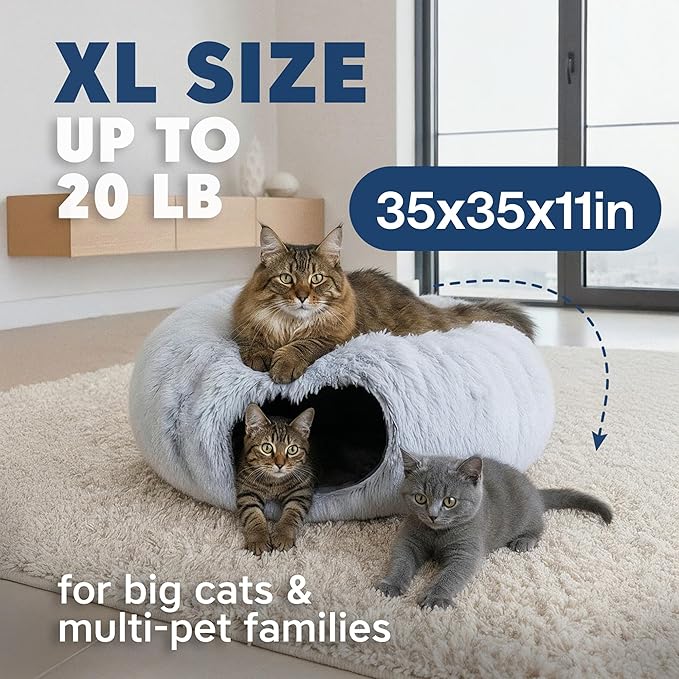 Large Cat Donut Tunnel Bed - Cat Tunnels for Indoor Cats - Circle Hideaway with Cat Toys, 3-in-1 Foldable Playground & Cozy Cave Bed, Gift-Ready DIY Collapsible Plush Cat Tube, Rabbit, Kitty