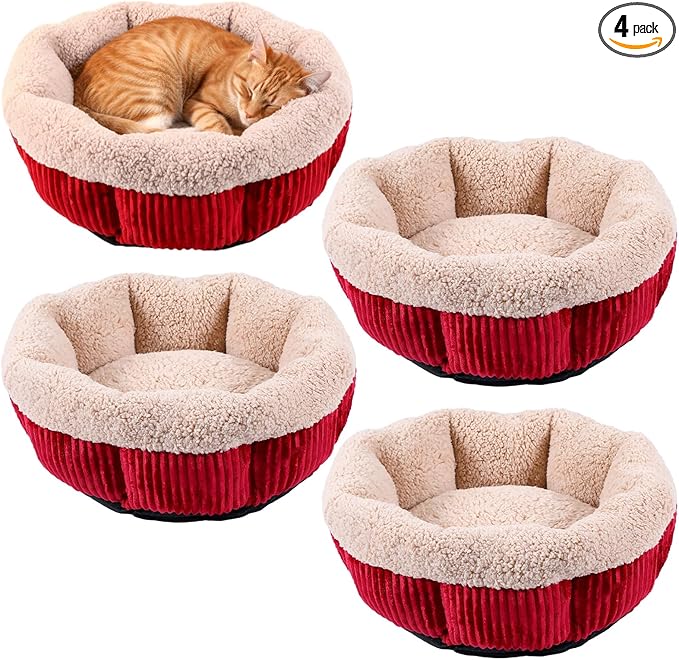 AceOrbit 4 Pack Cat Bed Bulk 20in Self Warming Pet Beds for Small Cats Dogs Washable Red Round Donut Calming Bed with Anti-Slip Bottom Pet Gift Winter for Small Medium Cats and Dogs Puppy Kitten