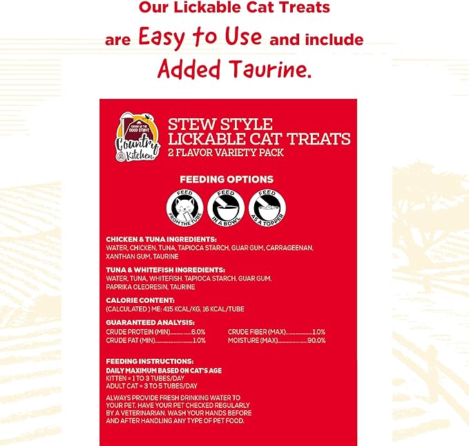 Country Kitchen Stew Style Lickable Cat Treats, 2 Flavor Variety Pack, Includes Tuna & Whitefish and Chicken & Tuna Made with Real Meat, 5 oz. Tubes, 12 Count