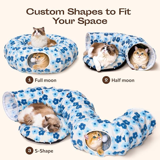 Meowfia Indoor Cat Tunnel with Donut Bed - Large Flexible Play Space for Multiple Pets - Circle or Snake Shape, Cozy Lounge (Blue Blossom)