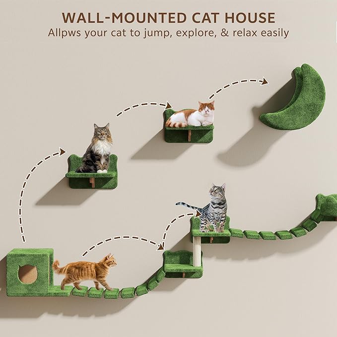 Cat Wall Shelves, Wall Mounted Cat Shelf Furniture with Plush Fabric(13 Piece Set), Cats Furniture with Moon Hammock, Condos, House, Steps, Bridge Ladder, Scratching Post, Green