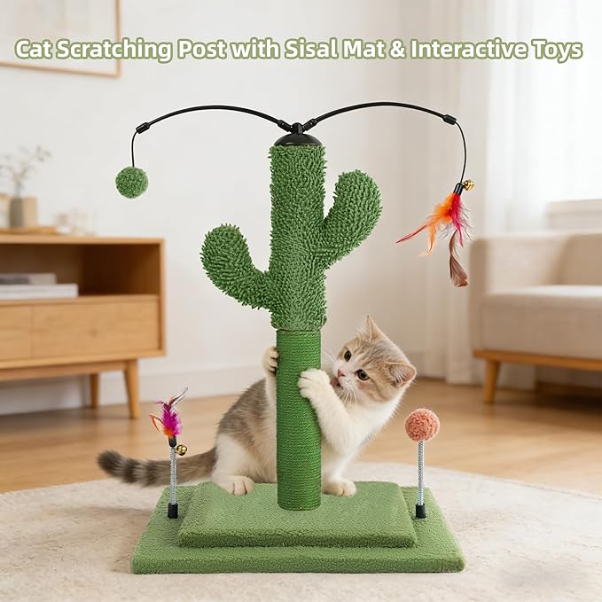 YUNIQUE Cactus Cat Scratching Post with Sisal Rope, Small Cat Tree with Dangling Balls & Feather for Kittens (Green,20.9'')