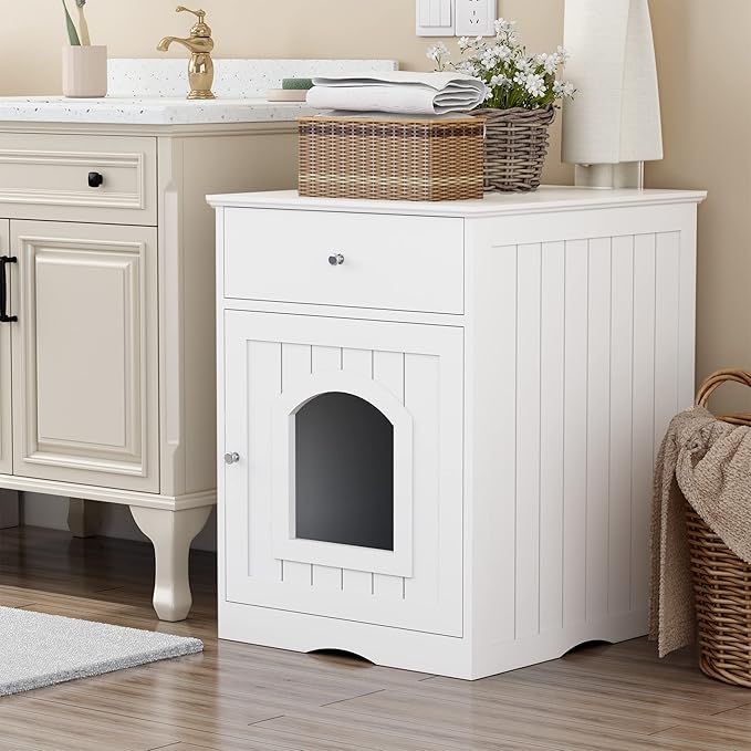Wooden Cat Litter Box Cabinet with Drawer Hidden Pet House, Sofa Side Table, Indoor Pet Cage Storage Cabinet, Cat Hidden Cave Furniture for Living Room, Bedroom (White, 25 inches)