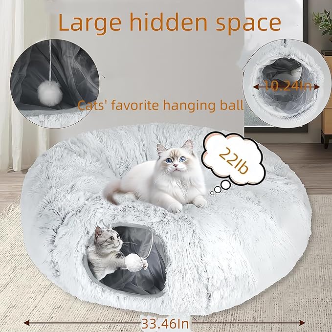 Cat Bed, cat Tunnel, Foldable Machine Washable Plush cat Bed, Grey (33.46 inches), with Hanging Toys, Suitable for Multiple