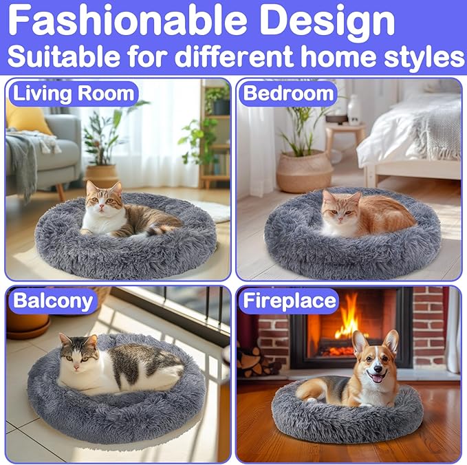 RAINFLOW Cat Bed - Calming Cat Bed for Small Kittens Donut Washable Round for Indoor Kittens and Puppies, Anti-Slip Round Fluffy Plush Faux Fur,Large, Dark Blue