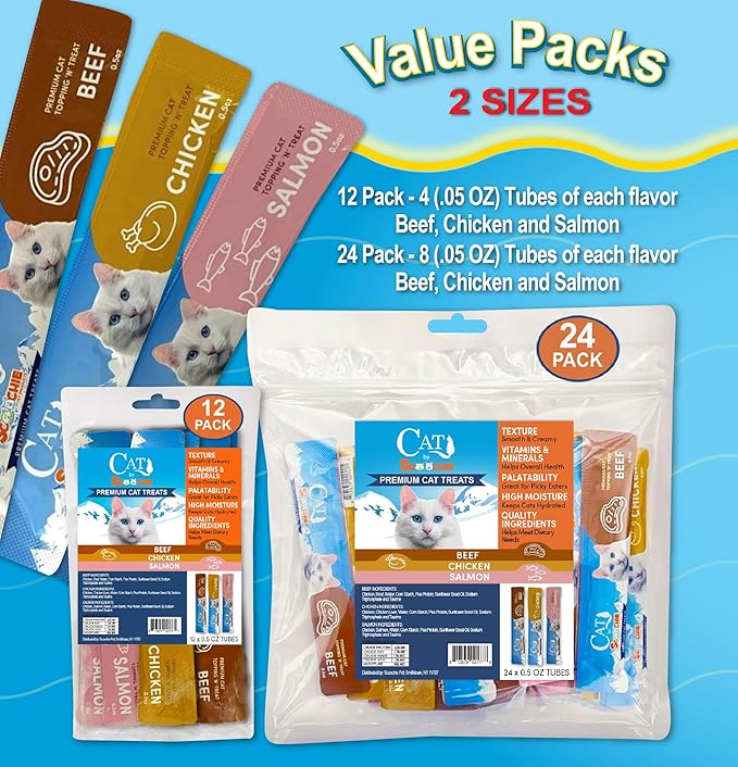 Scoochie Pet Products Cat by Scoochie Assorted Lick Treats – Chicken, Salmon & Beef | 0.5oz | 24 Pack