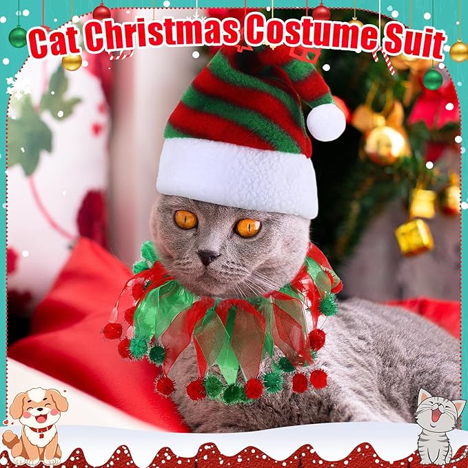 16 Pcs Cat Christmas Costume Suit Santa Hats and Tutu Collar Xmas Cat Outfit Green Shiny Hat Christmas Cat Collar with Bell Hat Kitten Outfit Clothing for Puppy Cat Pets Gift