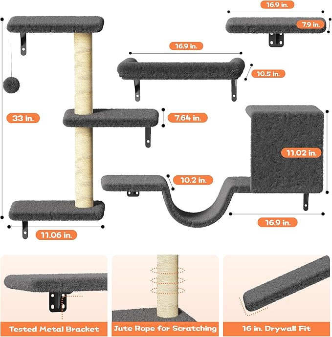 Cat Wall Shelves for Large Cats, Stable & Safe Kitty Walls Furniture Set for 40LBS Cats with Wooden Cat Climber,House, Bridge, Tree, Steps, and Scratcher for 16 Inch Drywall (Black, 5-in-1)