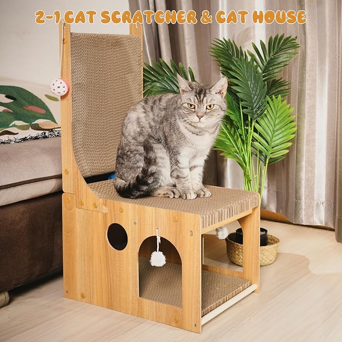 YEMOO Cat Scratcher, Double Layer Cat Scratching Board, L Shaped Vertical Cat Scratcher for Wall and Couch Protection, Cat Cardboard Scratcher with 5 Ball Toys for Indoor Cats