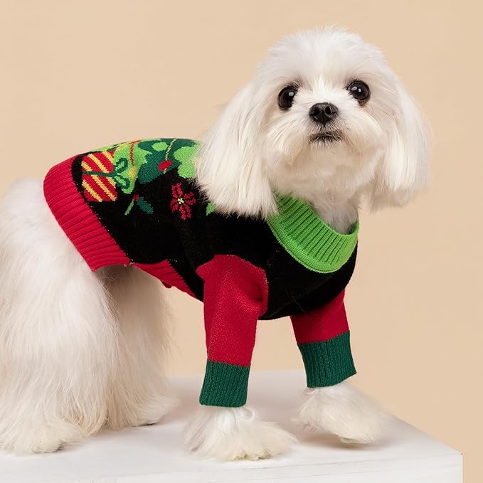 Fitwarm Cozy Dog Christmas Sweater, Thermal Winter Clothes for Small Dogs, Boy & Girl, Holiday Pet Apparel, Black, Red, Green, Yellow, Medium