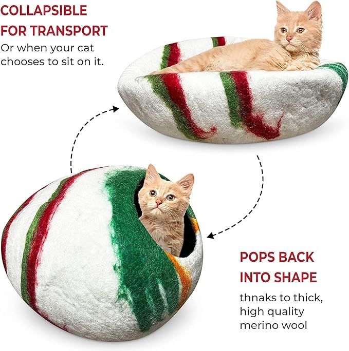 Woolygon Premium Felt Cat Cave Bed – Wool Kitty Beds Handcrafted Kitten Caves Bed for Indoor Cats - Made from Merino Wool, Foldable Cat Hideaway Covered Cat House Pod (Candy Swirl)