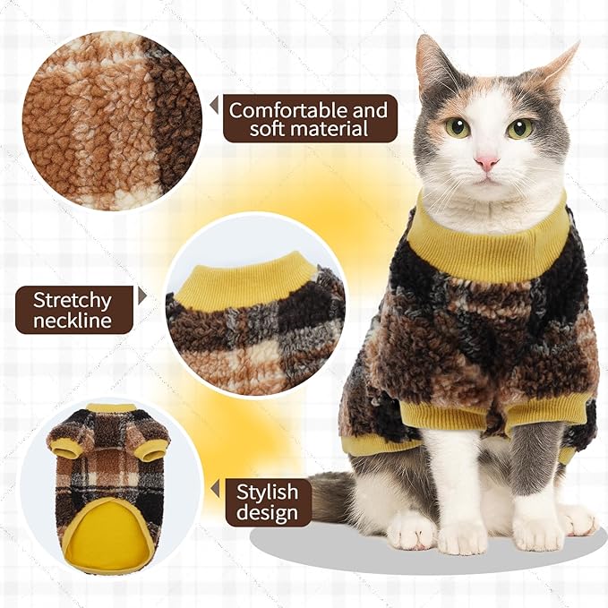 Sphynx Cat Sweater, Soft Fleece Pullover with Sleeves, Warm & Elastic Pet Clothes for Hairless Cats and Small Kittens, Cozy Winter Outfit Yellow L