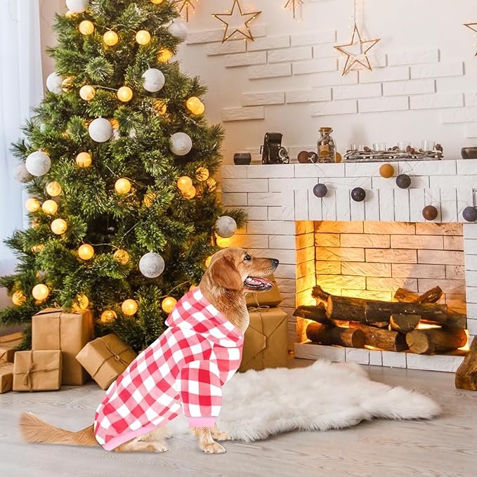 Plaid Dog Sweaters Hoodies Sweatshirts for Dogs Cats, Warm and Soft Cold Weater Coats for Christmas (Pink, X-Large)