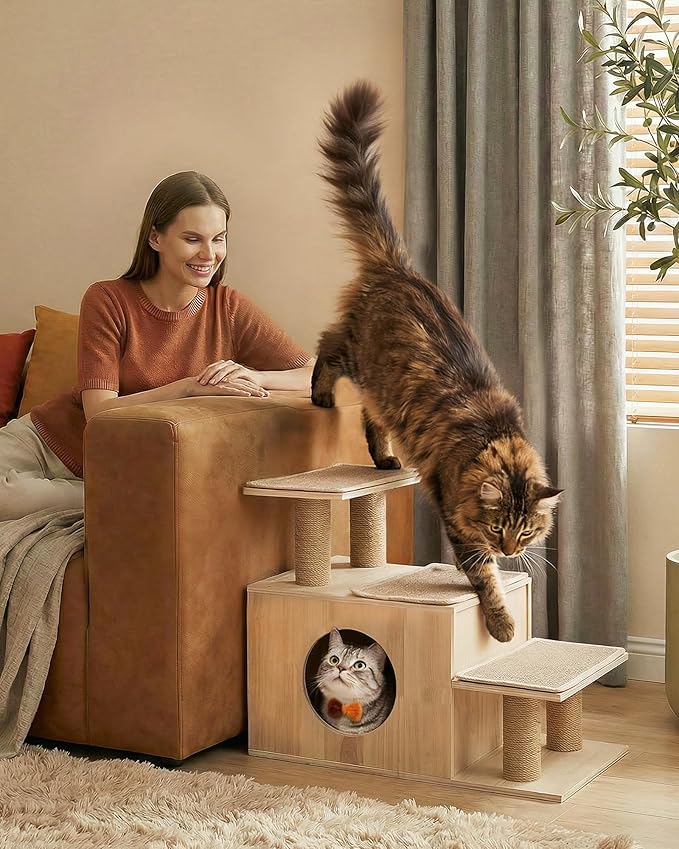 3-in-1 Pet Stairs for Cats, 7.87" Depth Pet Steps for Cat, Wood Cat Stairs for High Bed and Sofa, 1 Condo Cave, Scratching Post, Sturdy Indoor Pet Stairs with Non-Slip Carpet Pads