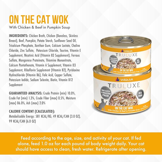Weruva Truluxe Cat Food, On The Cat Wok with Chicken Breast & Beef in Pumpkin Soup, 3oz Can, Pack of 24