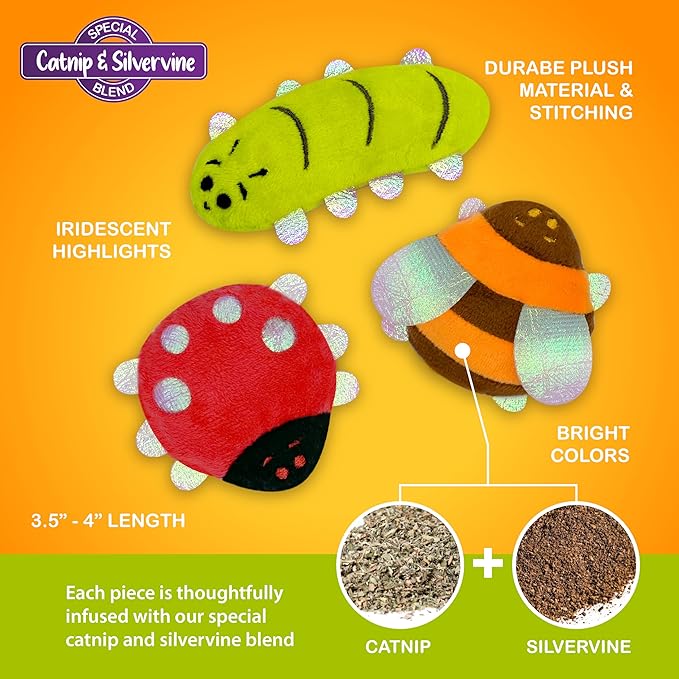 Pounce & Purr® Plush Cat Toys, Catnip & Silvervine Infused, Shiny Iridescent Accents, Interactive Play Toys for Cats & Kittens (Backyard Buggin' Series)