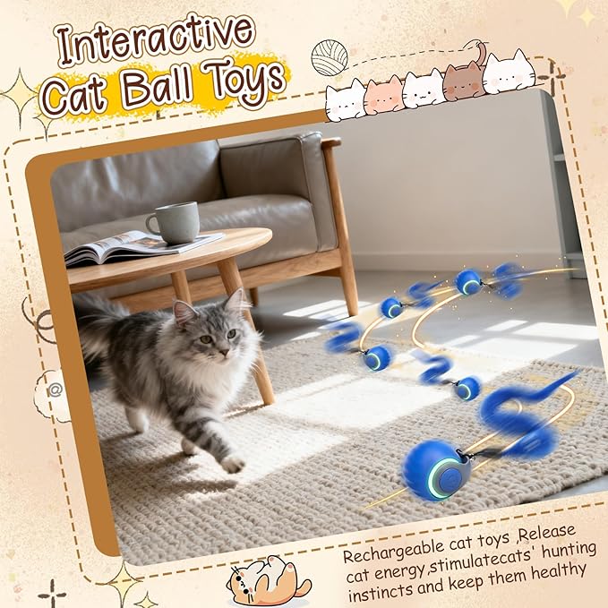 1 PCS Interactive Cat Toy Ball,Newly Speedy Tail and Moving Cat Tail Toy, Indoor Interactive Kitten Teaser Toys for Boredom, Automatic Cat Exercise Toy for Cats with 4 Tails-Blue
