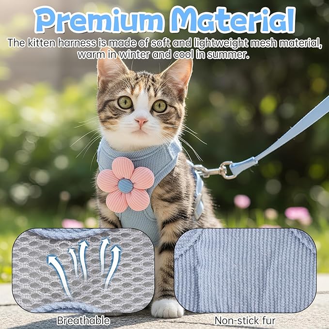 Cat Harness and Leash Set, Escape Proof Safe Kitten Vest Harnesses Adjustable Comfy Breathable Soft Mesh Step-in Jacket with Flower for Small Pet Kitty Puppy Dogs Bunny Walking