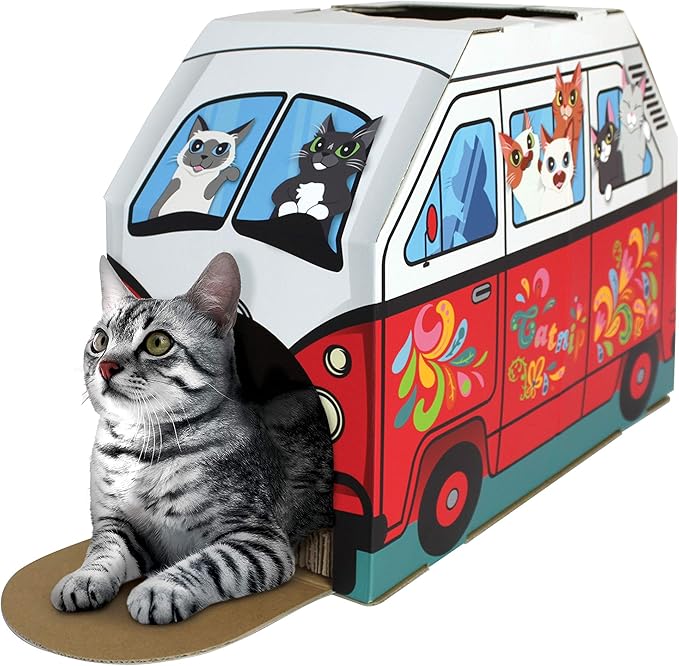 American Cat Club Cat House with Scratcher & Catnip included - Retro Van, 1 Count (Pack of 1)