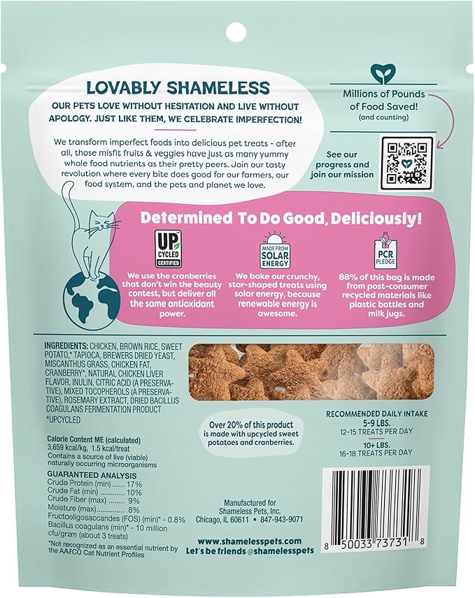 Shameless Pets Crunchy Cat Treats - Kitty Treats for Cats with Digestive Support, Natural Kitten Treats with Real Chicken, Healthy Flavored Feline Snacks - Cran You Say Chicken, 12 oz