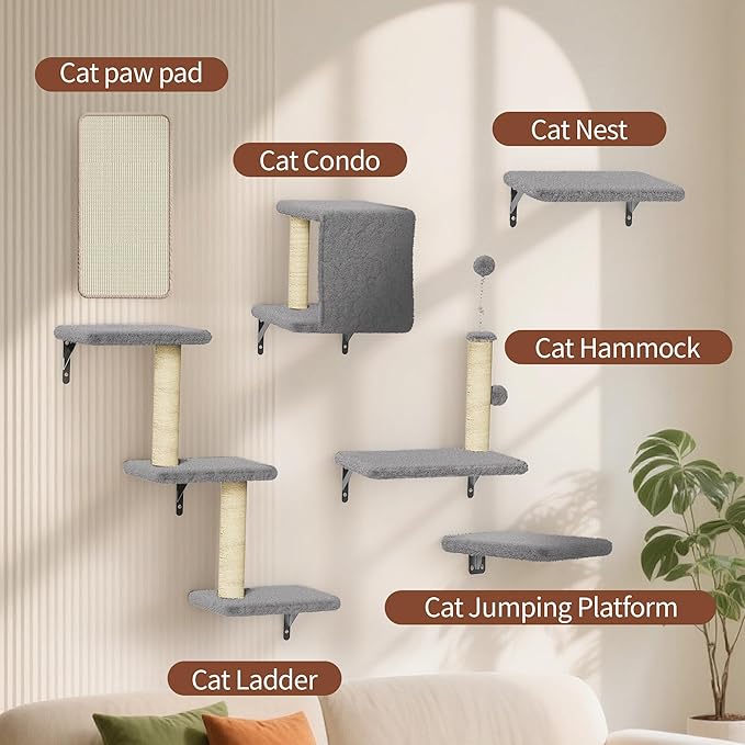 Cat Wall Shelves for Large Cats, Stable & Safe Kitty Walls Furniture Set for 40LBS Cats with Wooden Cat Climber,House, Bridge, Tree, Steps, and Scratcher for 16 Inch Drywall (Grey, 6-in-1)