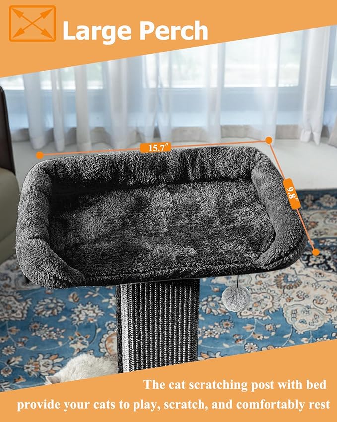 Karolpar 32" Cat Scratching Post for Indoor Cats, Sisal Cat Scratcher with Plush Perch, Large Scratch Post with Bed, Removable Cover, Sisal Fabric,Black