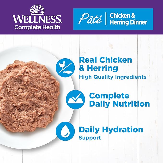 Wellness Complete Health Pate Adult Canned Wet Cat Food, Natural, Protein Rich, Grain Free, Chicken and Herring Dinner Recipe, 12.5 oz, Pack of 12 Cans