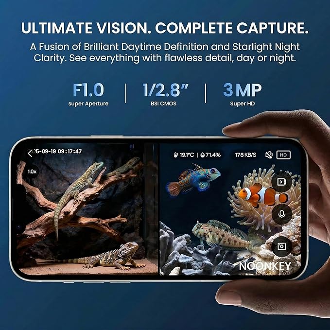Noonkey Aquarium & Terrarium Pet Camera, 3MP 2K HD Monitor for Aquarium Reptile Bird Feeder, 5GHz/2.4GHz WiFi, Color Night Vision, Motion Alarm, 2-Way Audio, 24/7 Recording, Works with Alexa