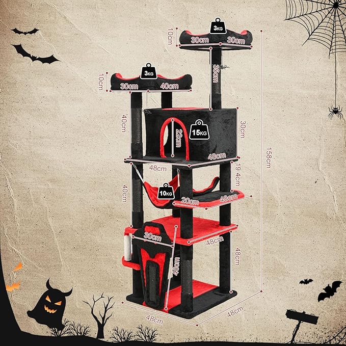 BYBYME Gothic Cat Tree for Halloween, 62in Tall Sturdy Furniture Set with Bed House, Hanging Toy, Scratching Board Sisal-Covered Posts, Multifunctional Cat Play Tower with Hammock（Black Red）