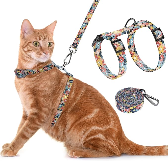 Seyezo Cat Harness and Leash Set, Adjustable Kitten Harness Escape Proof Cats Harness, Soft Lightweight Walking Travel Pet Harness, Cute Kitty Harness Leash Set for Small Medium Cats, Multi-Floral