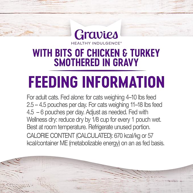 Wellness Healthy Indulgence Gravies Adult Wet Cat Food, Natural, Protein Rich, Grain Free, Chicken and Turkey Recipe, 3 oz, Pack of 24 Pouches