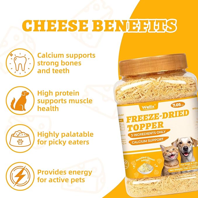 Wellix Dog & Cat Food Topper - Freeze Dried Cheese with Chicken and Egg Yolk, High-Protein Cheese Dog Treats for Digestive Health & Calcium Support - Healthy Cat Treats for Indoor Cats 7.05 oz